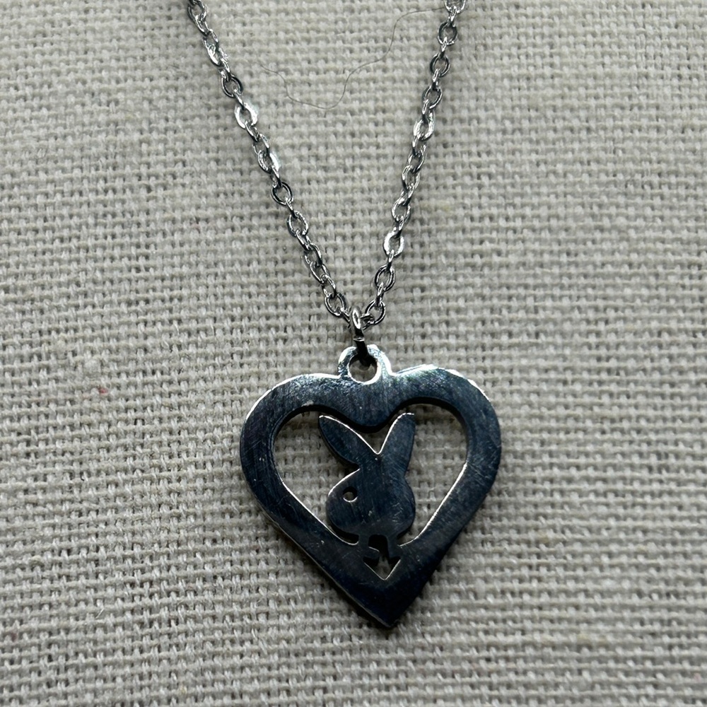 NEW PLAYBOY Cutout Heart Playboy Bunny Pendant Necklace Silver Y2K - Picture 12 of 13